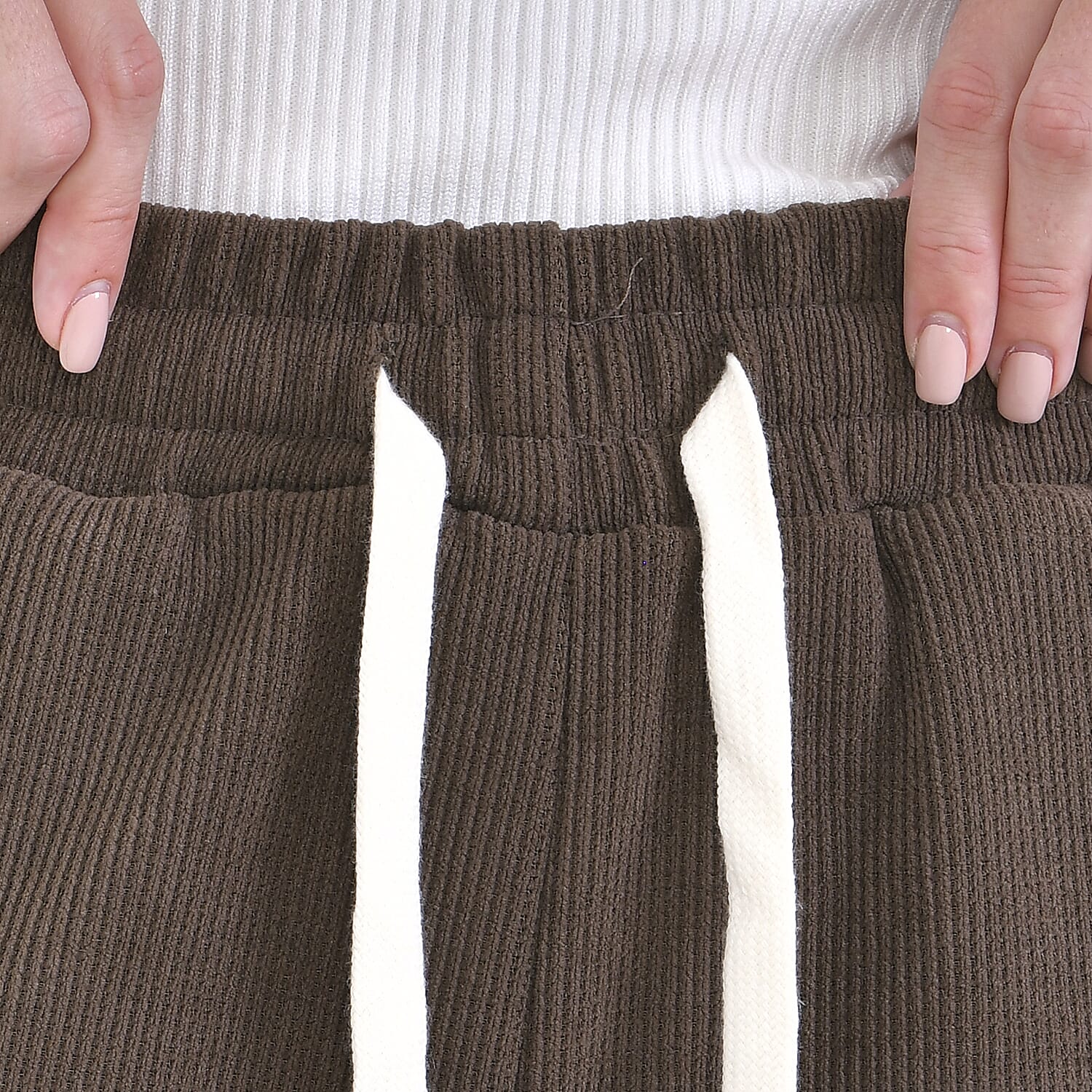 Corduroy Trousers with Elastic Waistband & Adjustable Drawstring (Size-S) - Brown