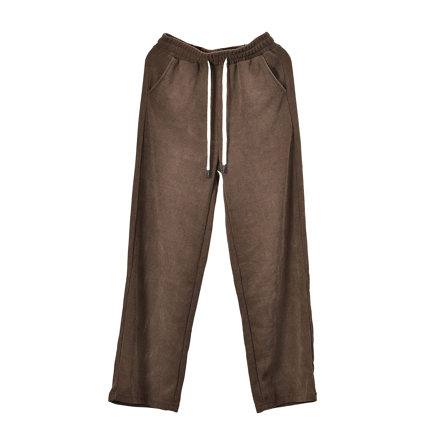 Corduroy Trousers with Elastic Waistband & Adjustable Drawstring (Size-S) - Brown