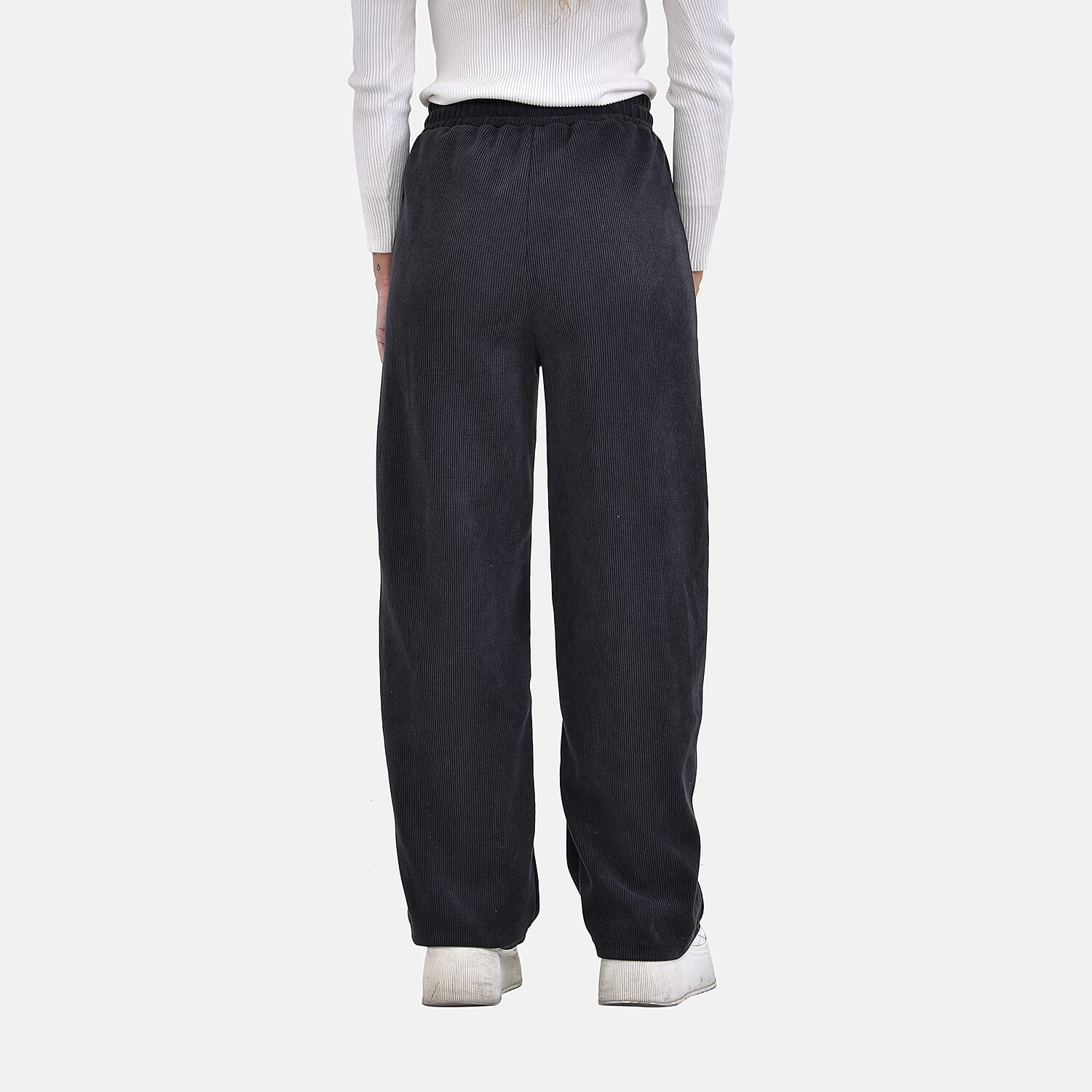 Corduroy Trousers with Elastic Waistband & Adjustable Drawstring (Size-S 8-10) - Dark Grey