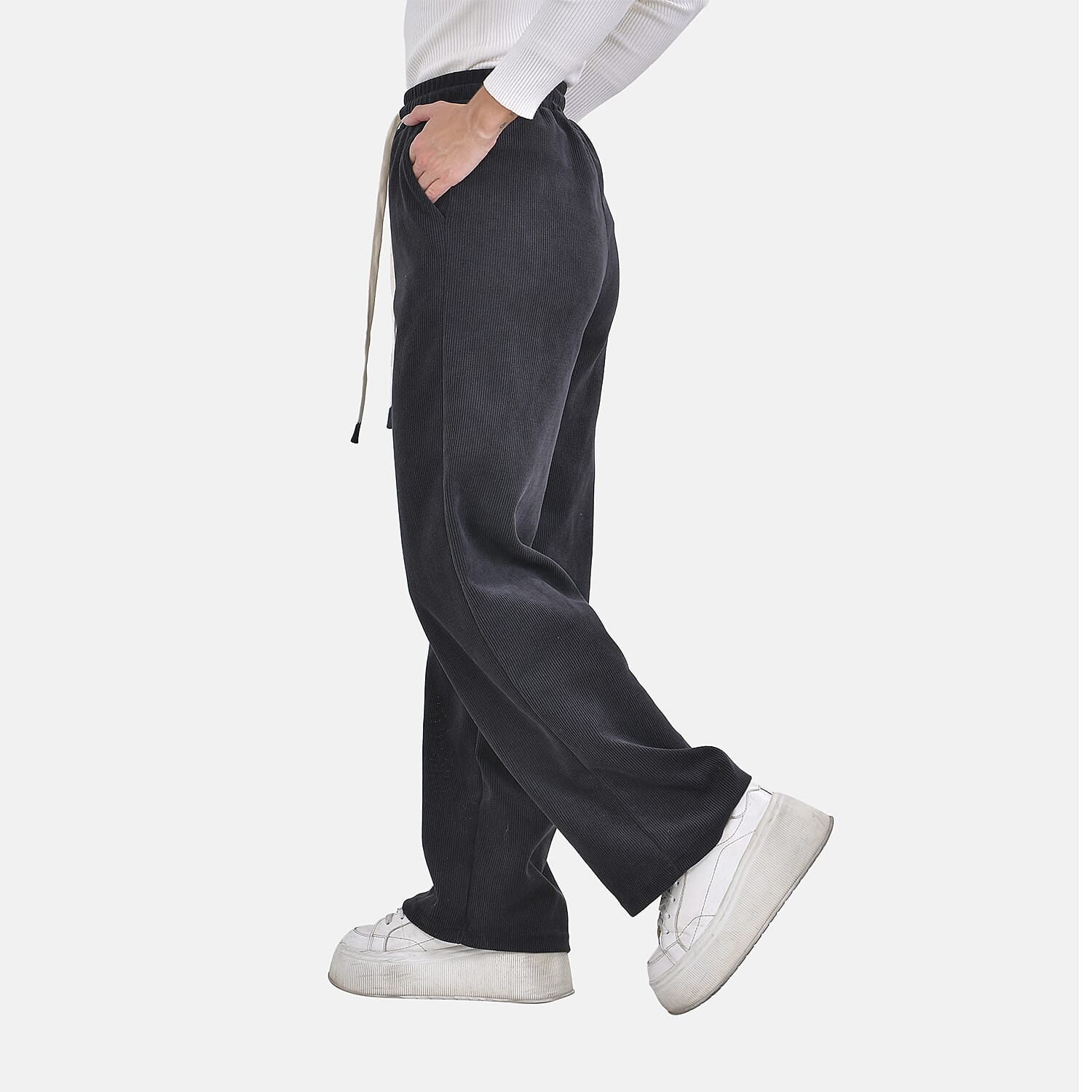 Corduroy Trousers with Elastic Waistband & Adjustable Drawstring (Size-S 8-10) - Dark Grey