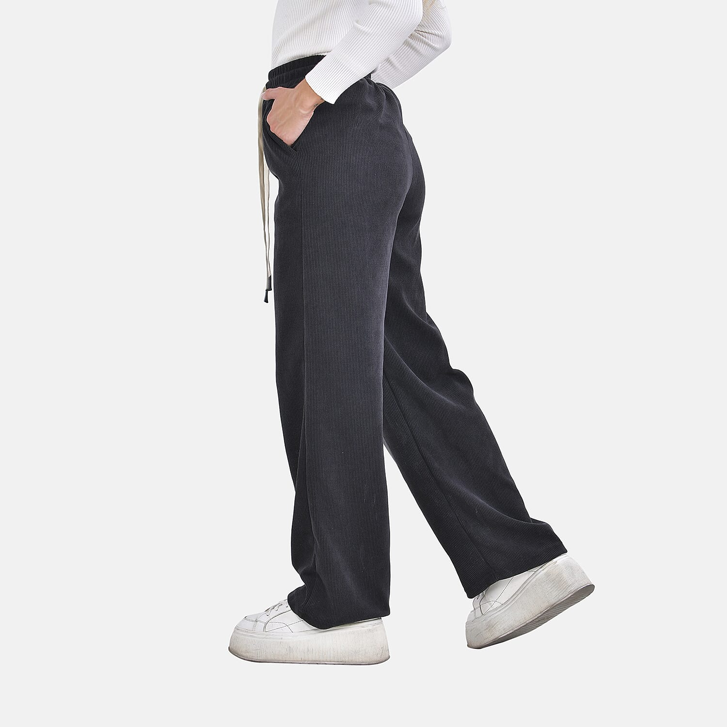 Corduroy Trousers with Elastic Waistband & Adjustable Drawstring (Size-S 8-10) - Dark Grey