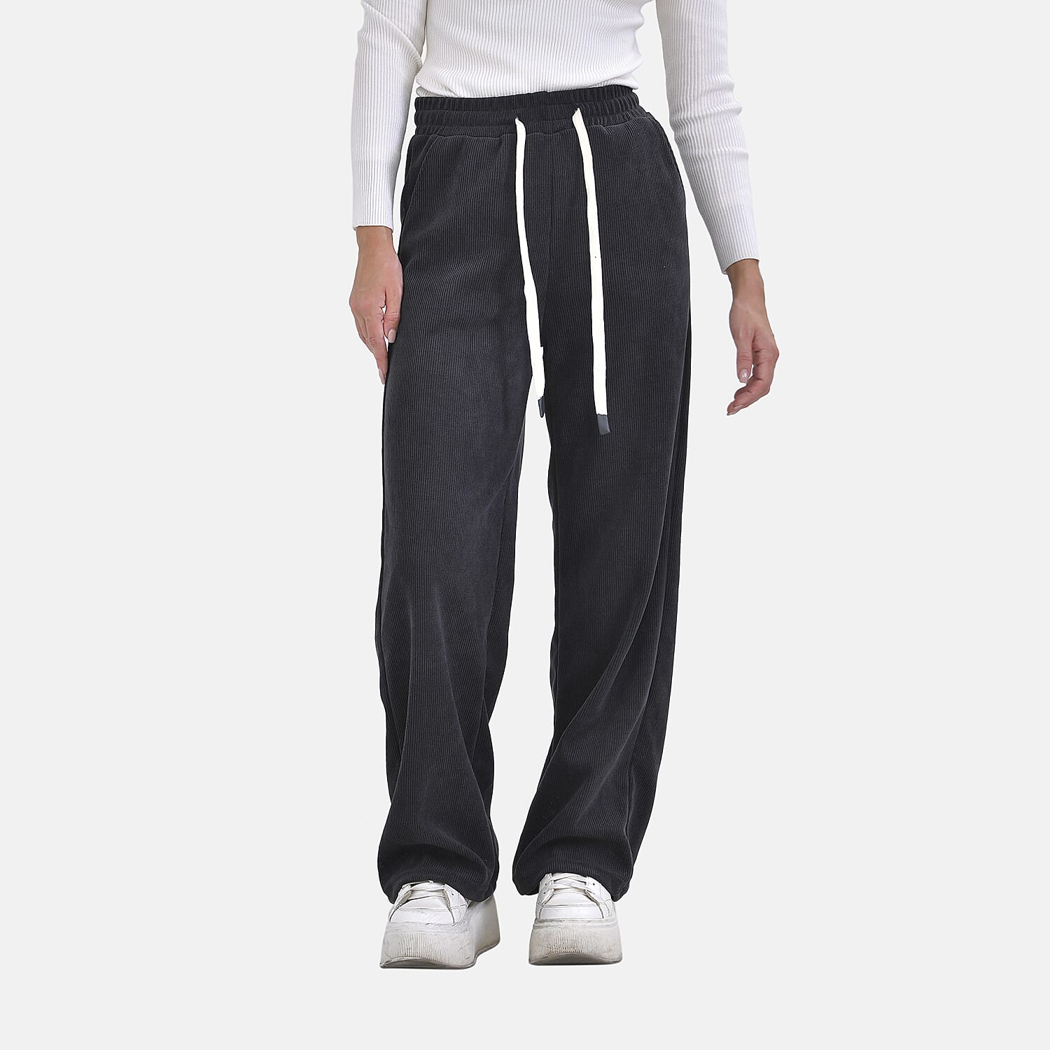 Corduroy Trousers with Elastic Waistband & Adjustable Drawstring (Size-S) - Brown