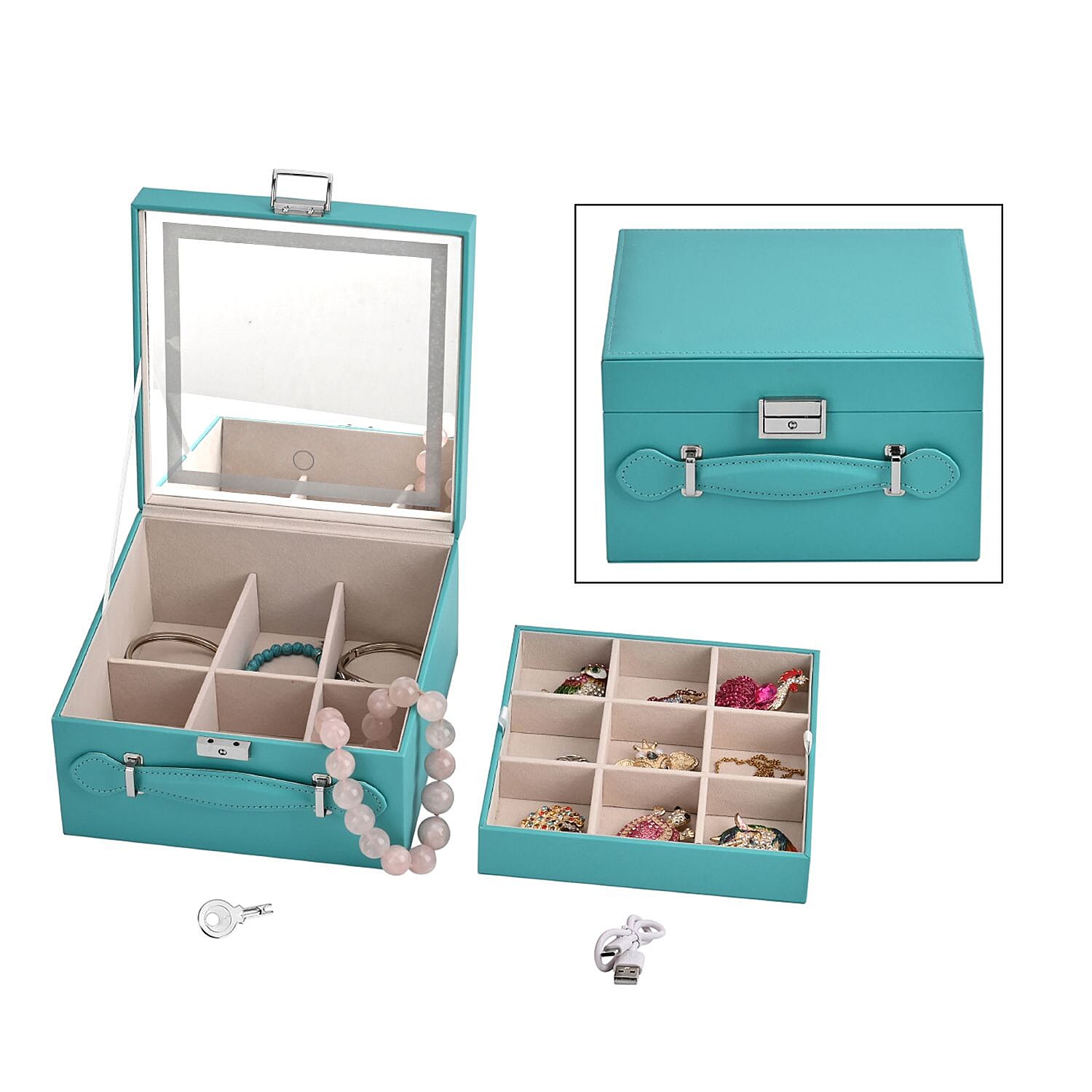 LIQUIDATION DEAL - Multi-Purpose Vanity Box with LED Mirror - Turquoise