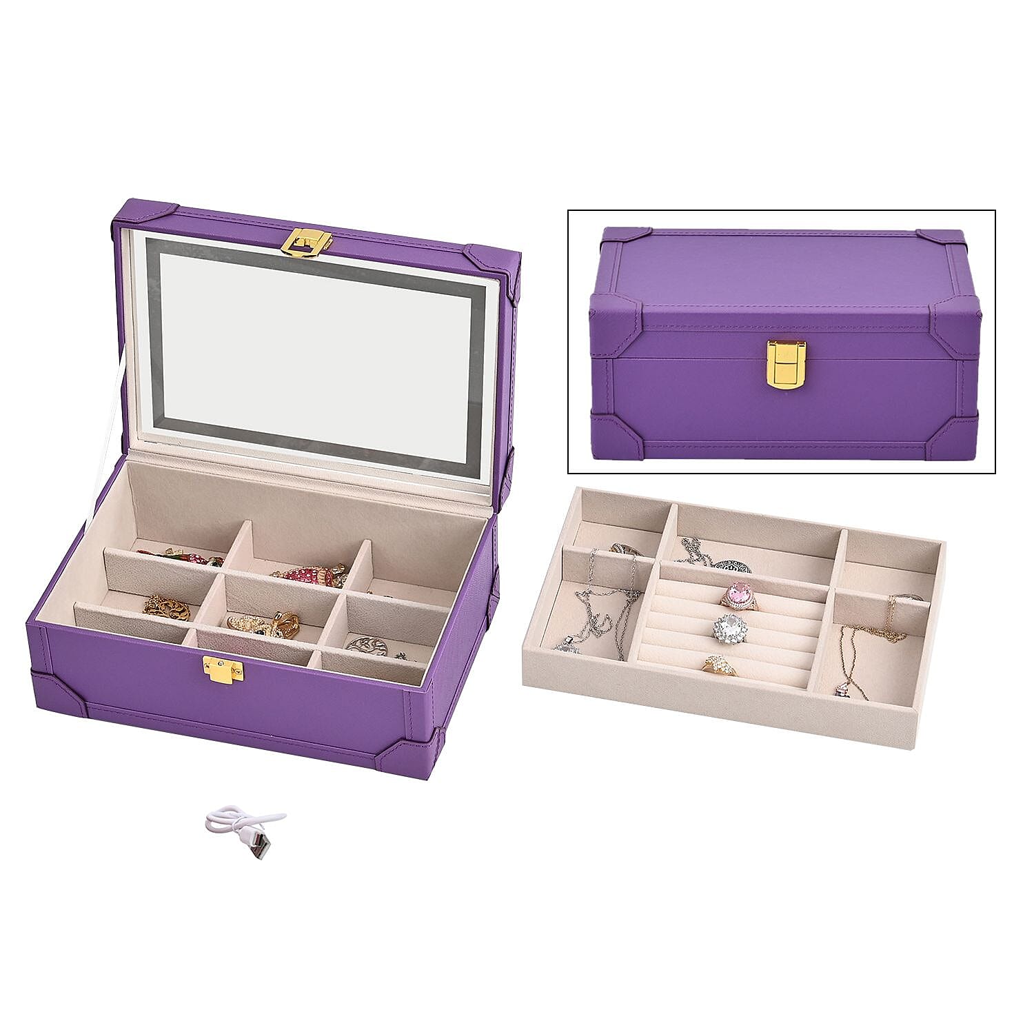 LED light Mirror Jewellery and Vanity Box with 3 modes lighting(Size 24x16x10 cm) - Purple