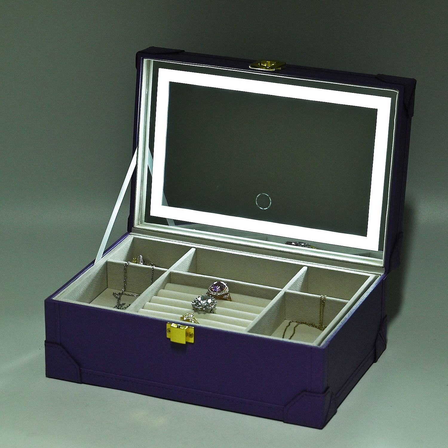 LED light Mirror Jewellery and Vanity Box with 3 modes lighting(Size 24x16x10 cm) - Purple