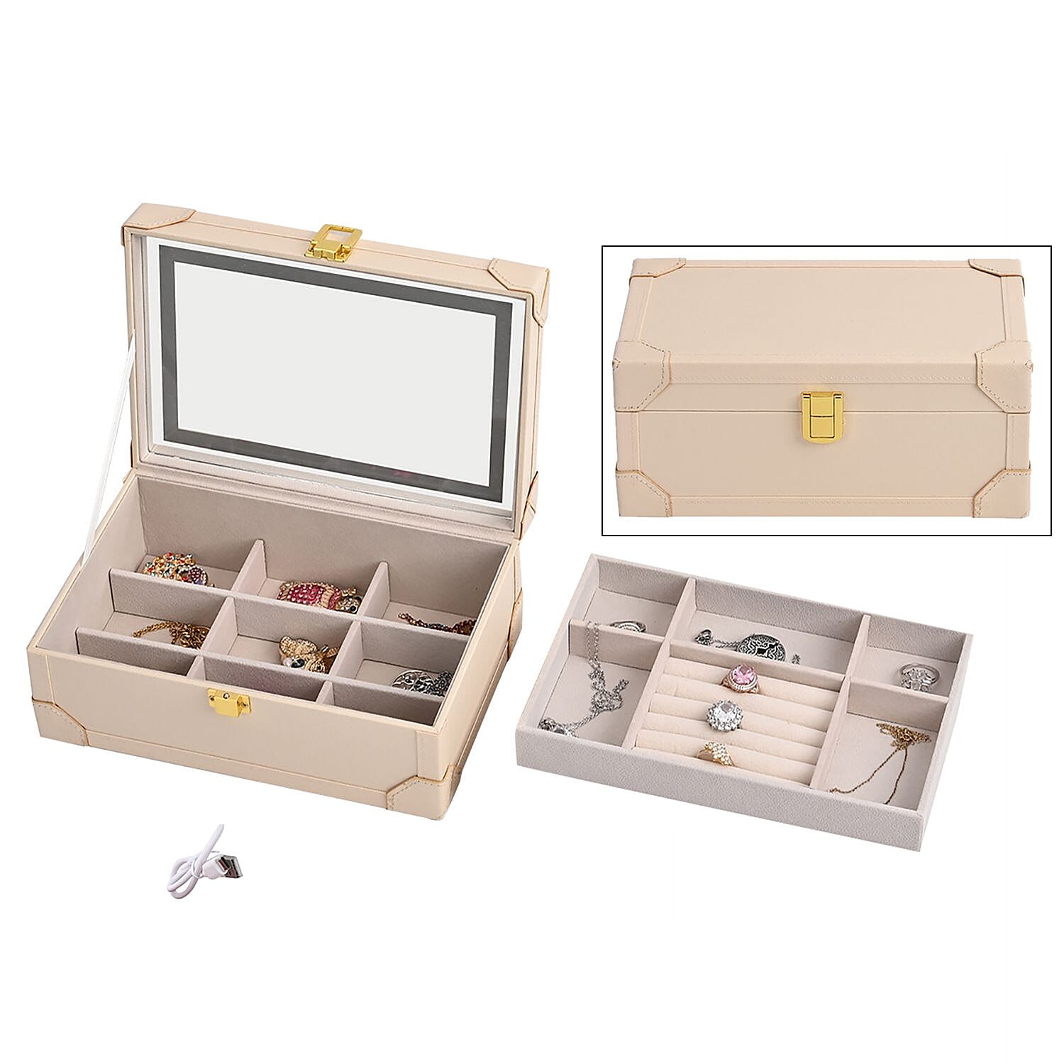 LED Light Mirror Jewellery, Watch or Beauty Vanity Box (Size 24x16x10 cm) - Beige