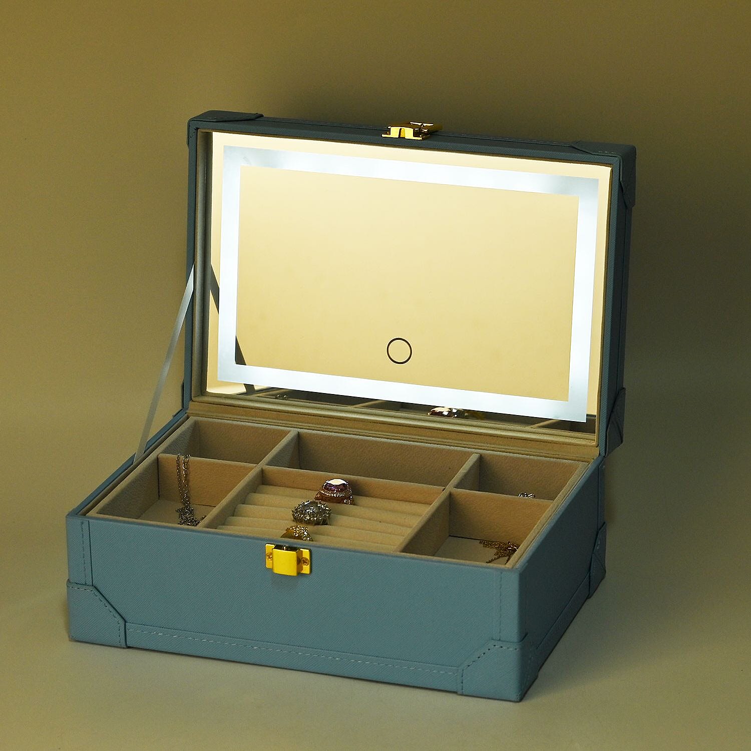 LED Light Mirror Jewellery, Watch or Beauty Vanity Box (Size 24x16x10 cm) - Torquoise