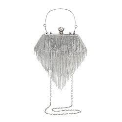 Sheeny Diamond Shape Crytsal Studded Tassel Evening Clutch Bag With Long Strap - Silver