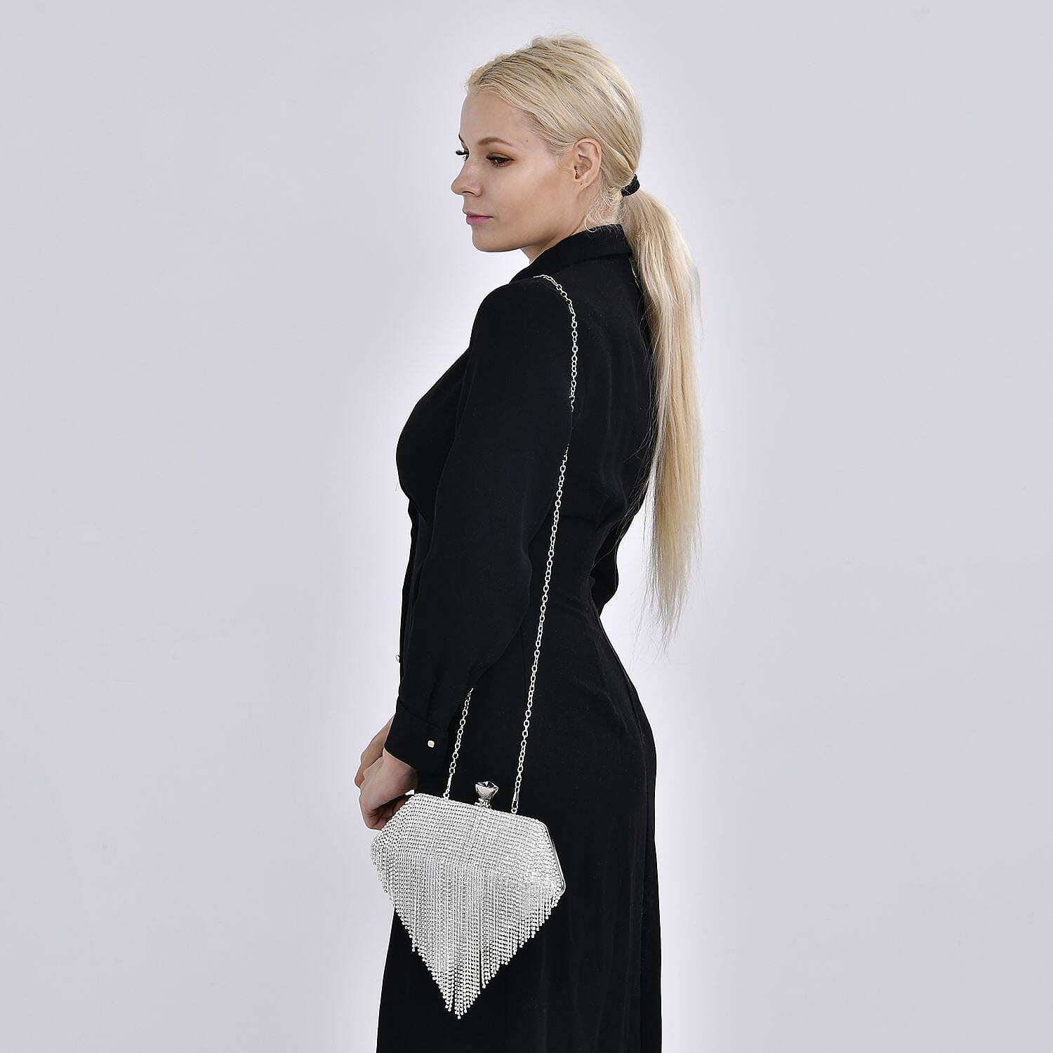 Sheeny Diamond Shape Crytsal Studded Tassel Evening Clutch Bag With Long Strap - Silver