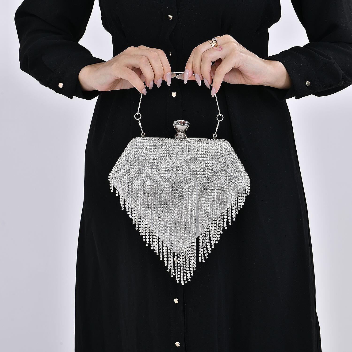 Sheeny Diamond Shape Crytsal Studded Tassel Evening Clutch Bag With Long Strap - Silver