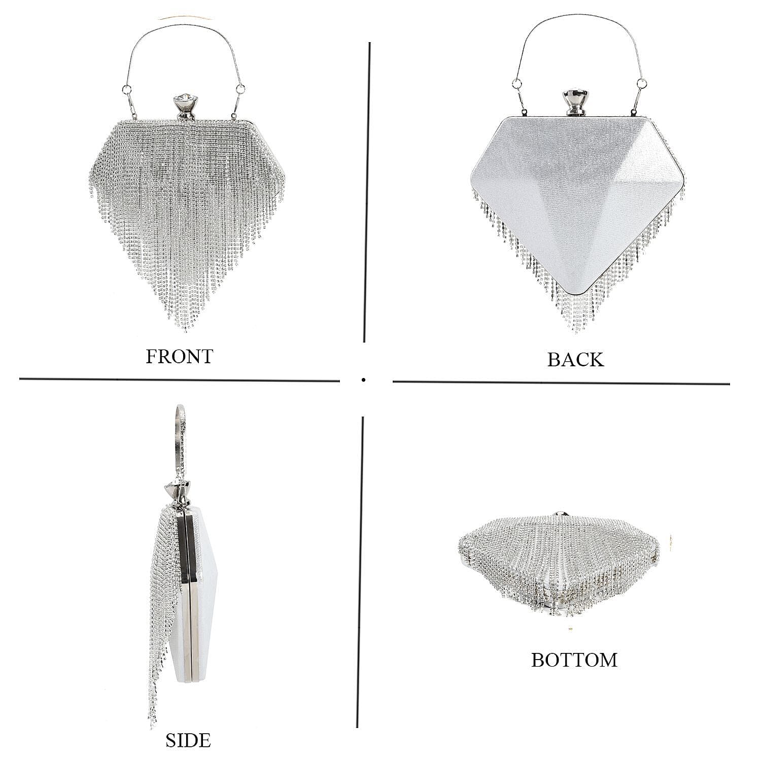 Sheeny Diamond Shape Crytsal Studded Tassel Evening Clutch Bag With Long Strap - Silver