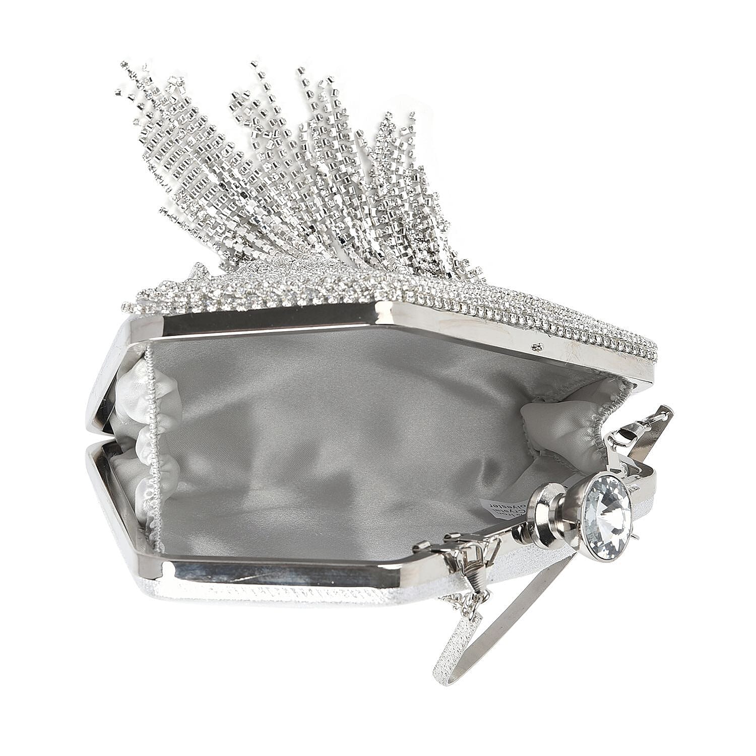 Sheeny Diamond Shape Crytsal Studded Tassel Evening Clutch Bag With Long Strap - Silver