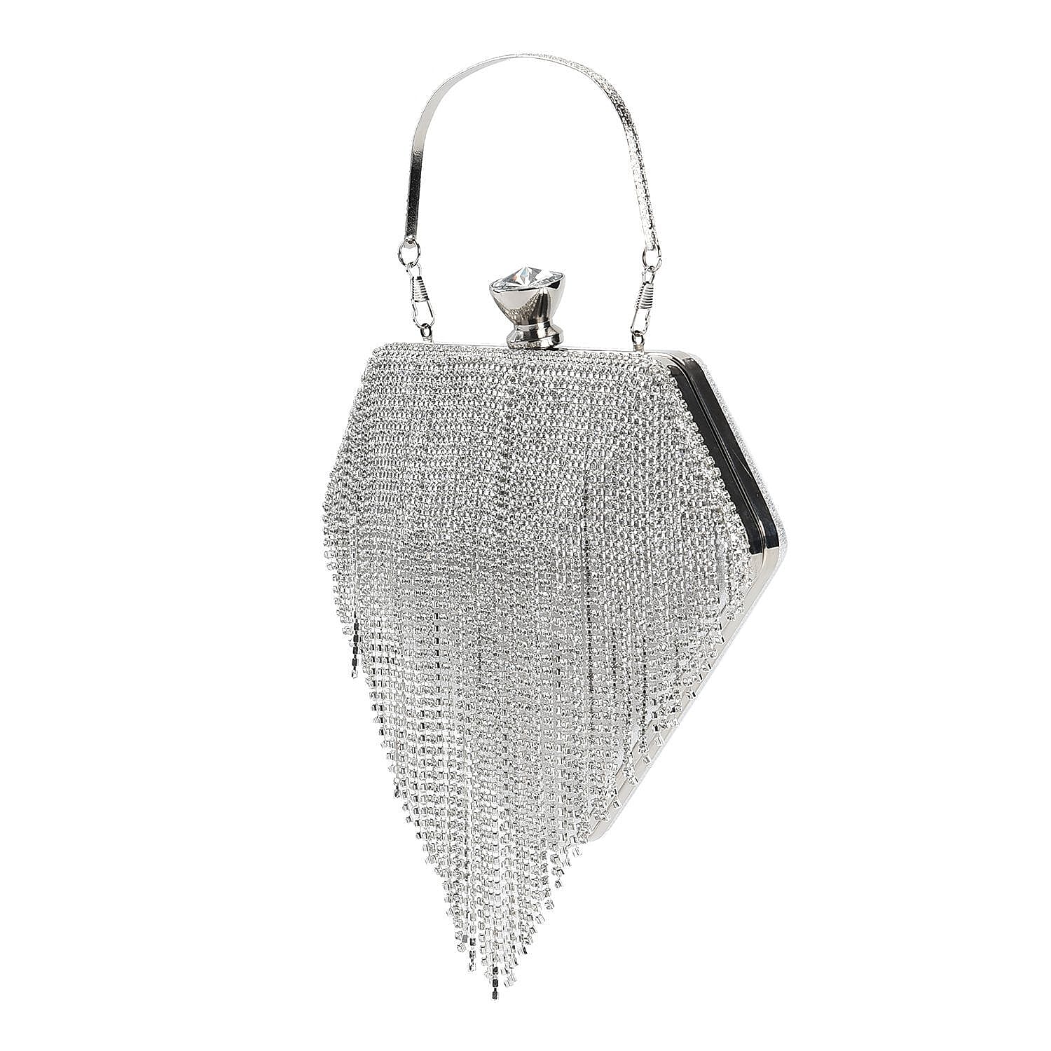 Sheeny Diamond Shape Crytsal Studded Tassel Evening Clutch Bag With Long Strap - Silver