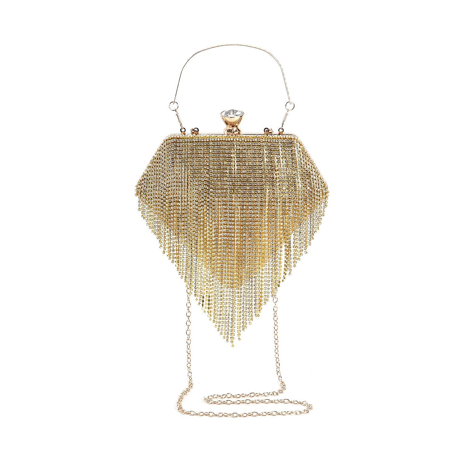 Sheeny Diamond Shape Crytsal Studded Tassel Evening Clutch Bag With Long Strap - Gold
