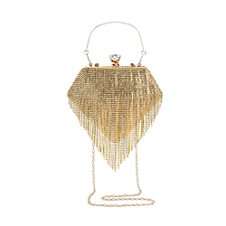 Sheeny Diamond Shape Crytsal Studded Tassel Evening Clutch Bag With Long Strap - Silver