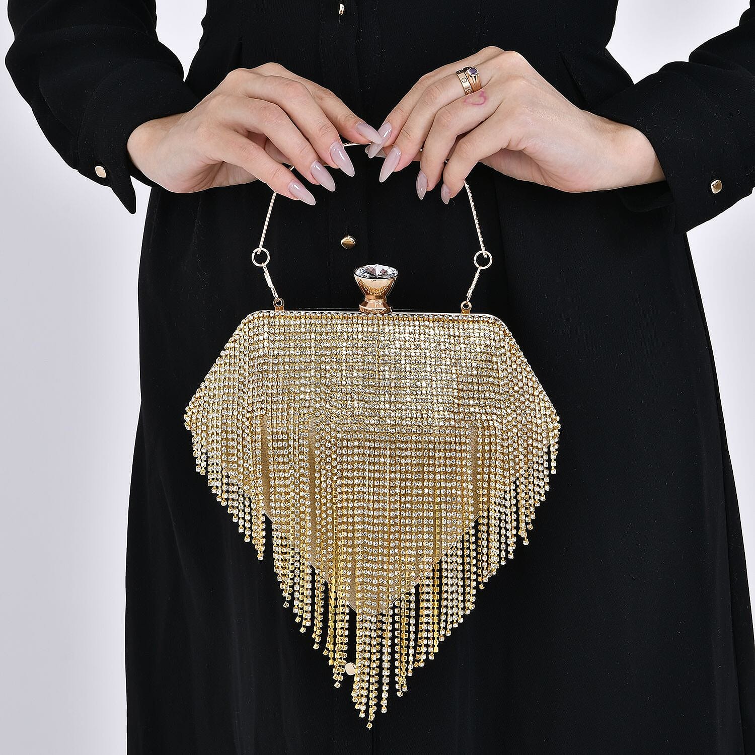 Sheeny Diamond Shape Crytsal Studded Tassel Evening Clutch Bag With Long Strap - Gold