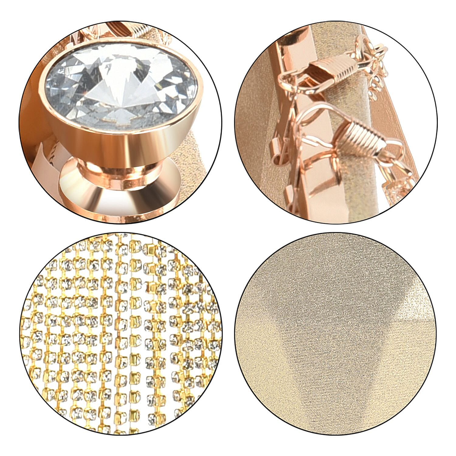 Sheeny Diamond Shape Crytsal Studded Tassel Evening Clutch Bag With Long Strap - Gold