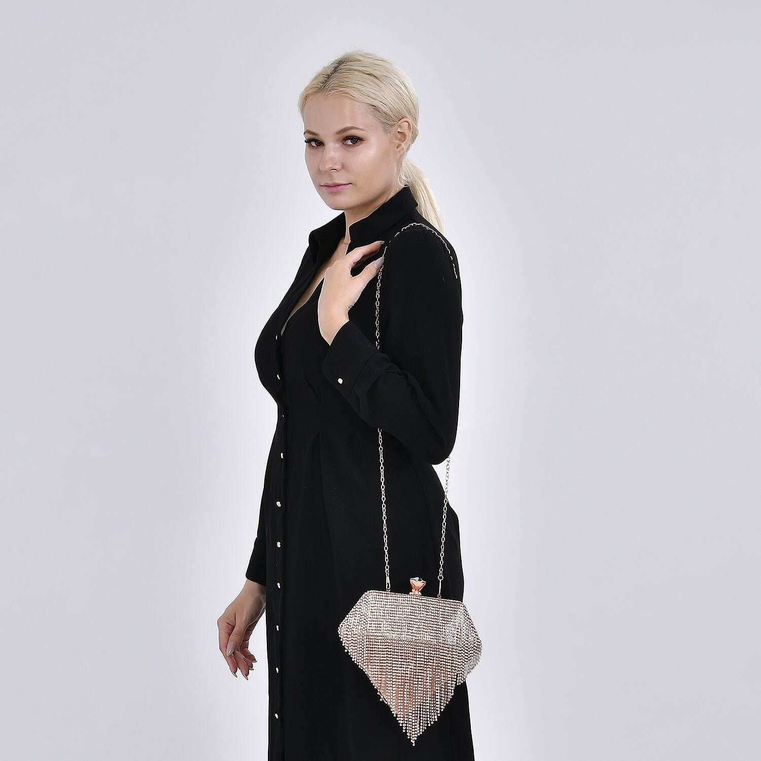 Sheeny Diamond Shape Crytsal Studded Tassel Evening Clutch Bag With Long Strap - Pink