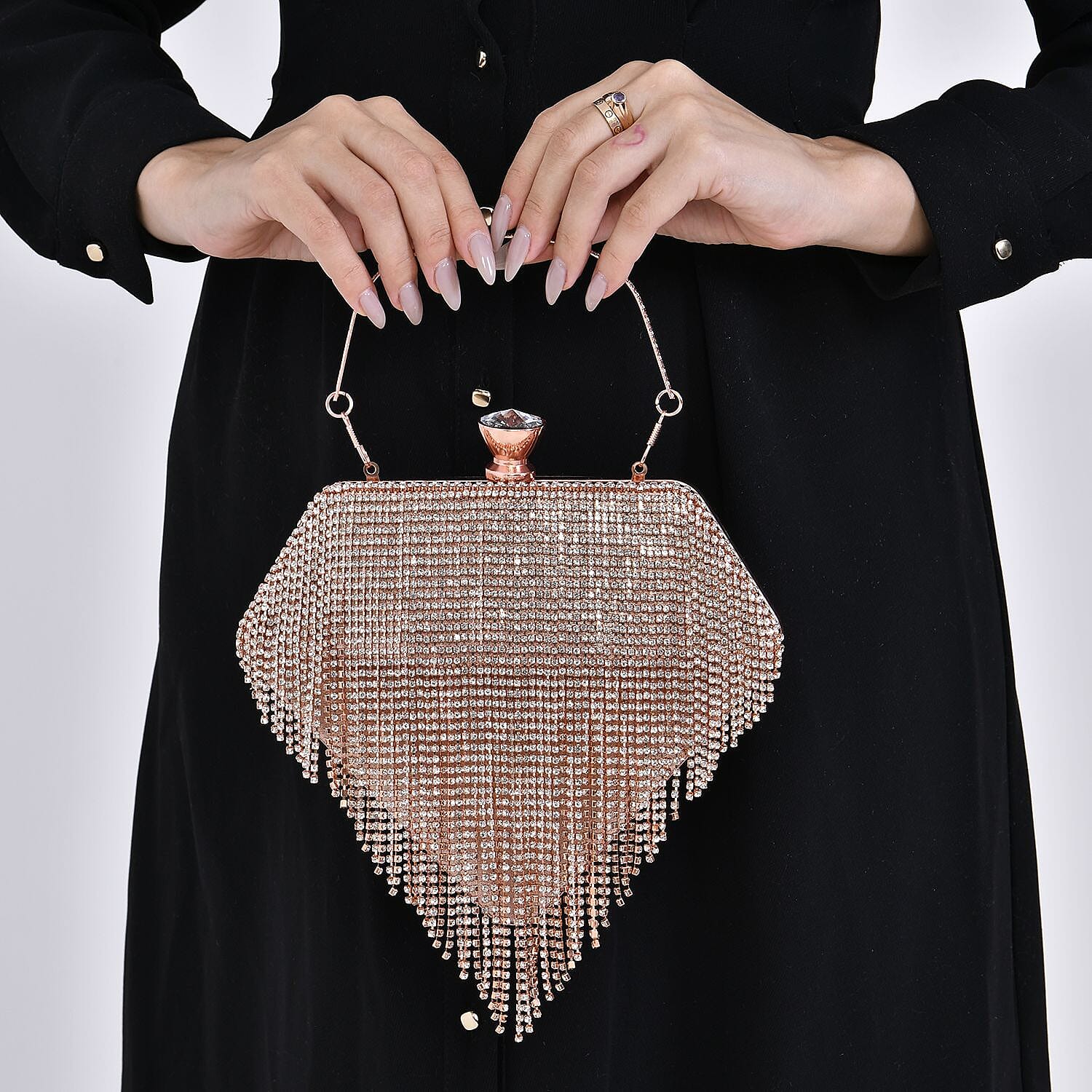Sheeny Diamond Shape Crytsal Studded Tassel Evening Clutch Bag With Long Strap - Pink