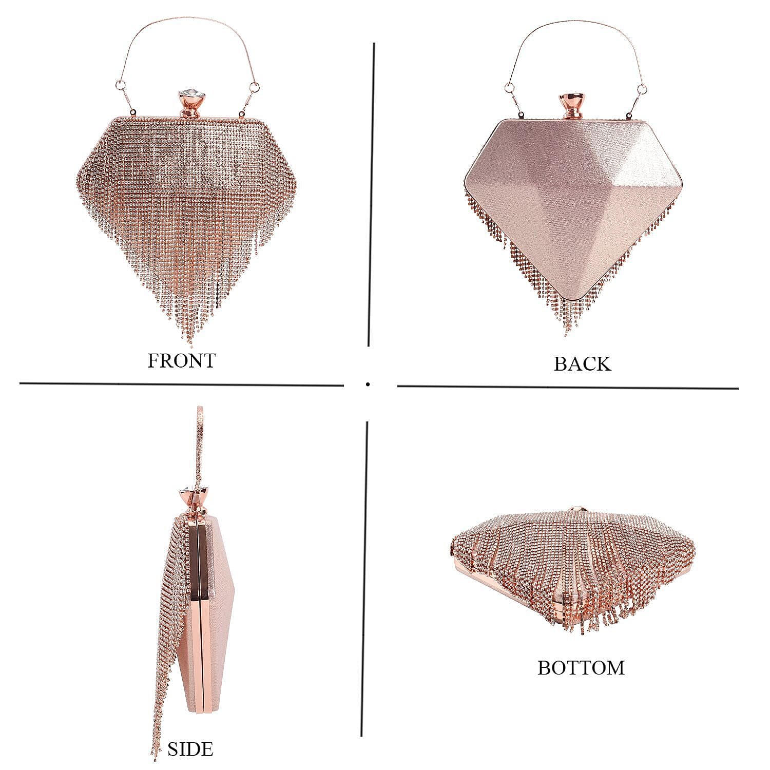 Sheeny Diamond Shape Crytsal Studded Tassel Evening Clutch Bag With Long Strap - Pink