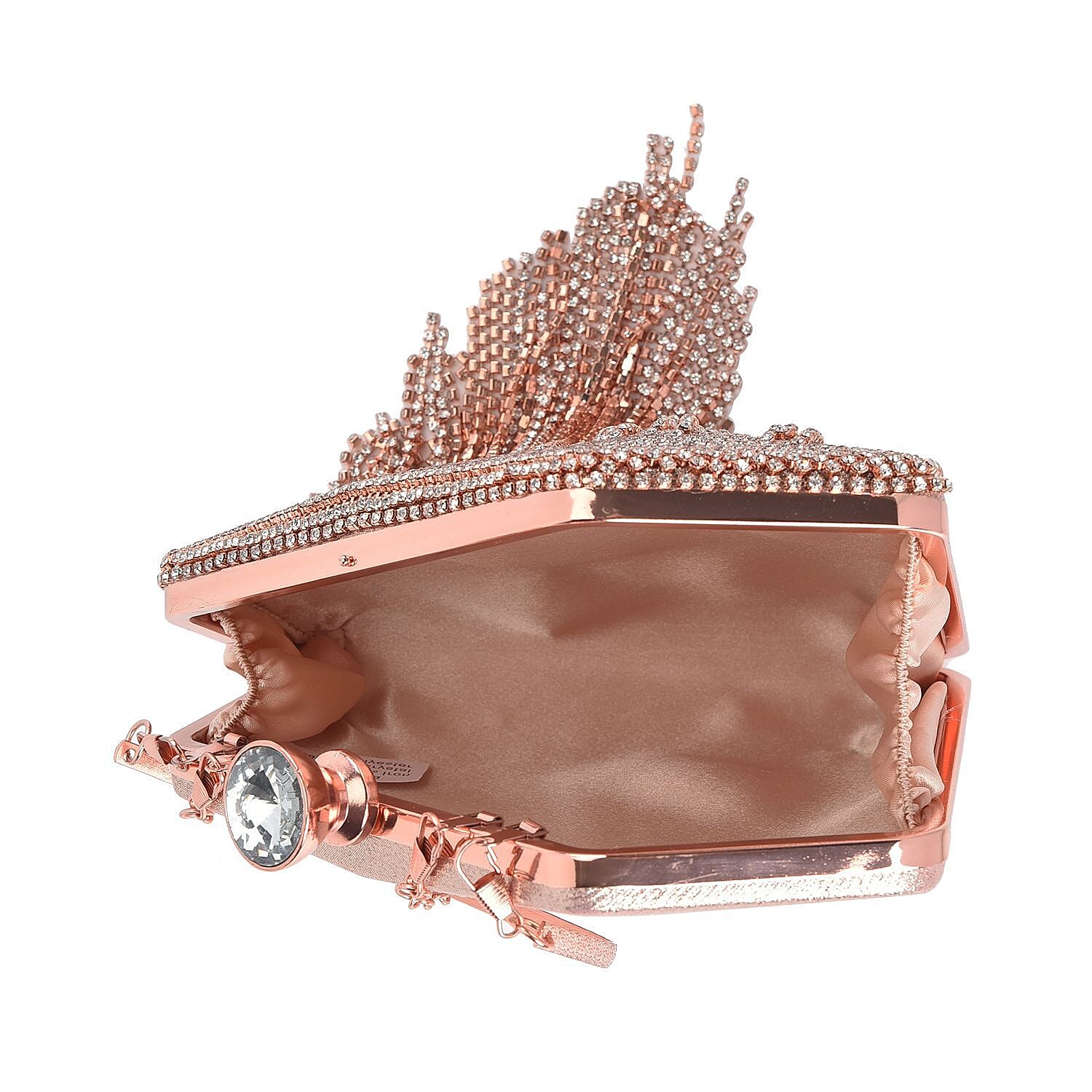 Sheeny Diamond Shape Crytsal Studded Tassel Evening Clutch Bag With Long Strap - Pink