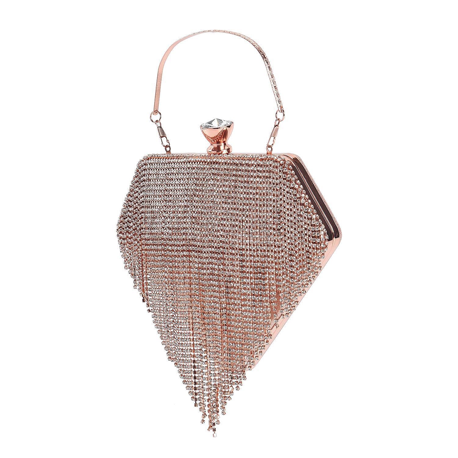 Sheeny Diamond Shape Crytsal Studded Tassel Evening Clutch Bag With Long Strap - Pink