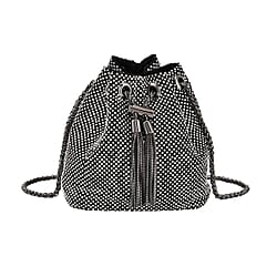 Closeout Buy - Designer Inspired Crystal Pattern Crystal Studded Drawstring Bucket Bag with Tassel Lock & Long Strap  - Black