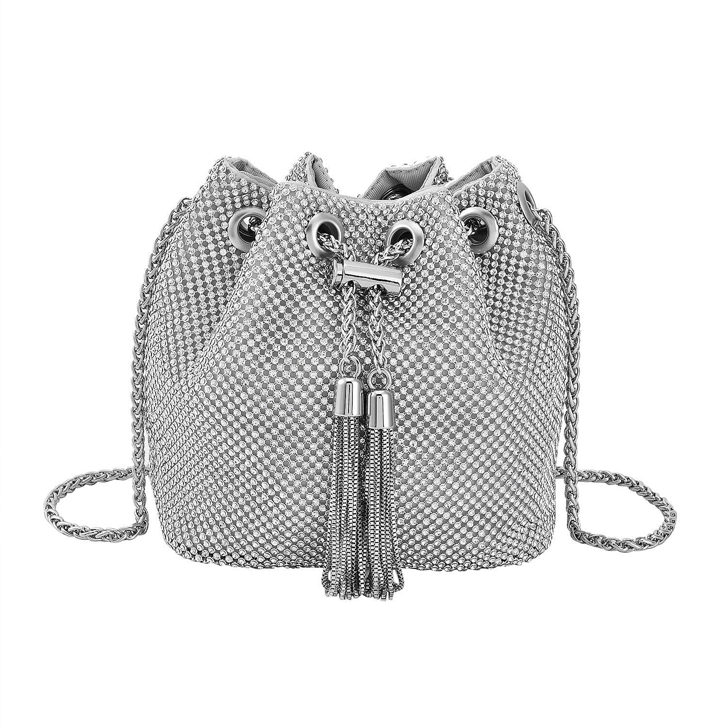 Closeout Buy - Designer Inspired Crystal Pattern Crystal Studded Drawstring Bucket Bag with Tassel Lock & Long Strap  - Silver