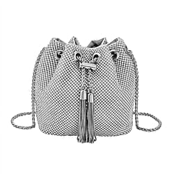Closeout Buy - Designer Inspired Crystal Pattern Crystal Studded Drawstring Bucket Bag with Tassel Lock & Long Strap  - Black