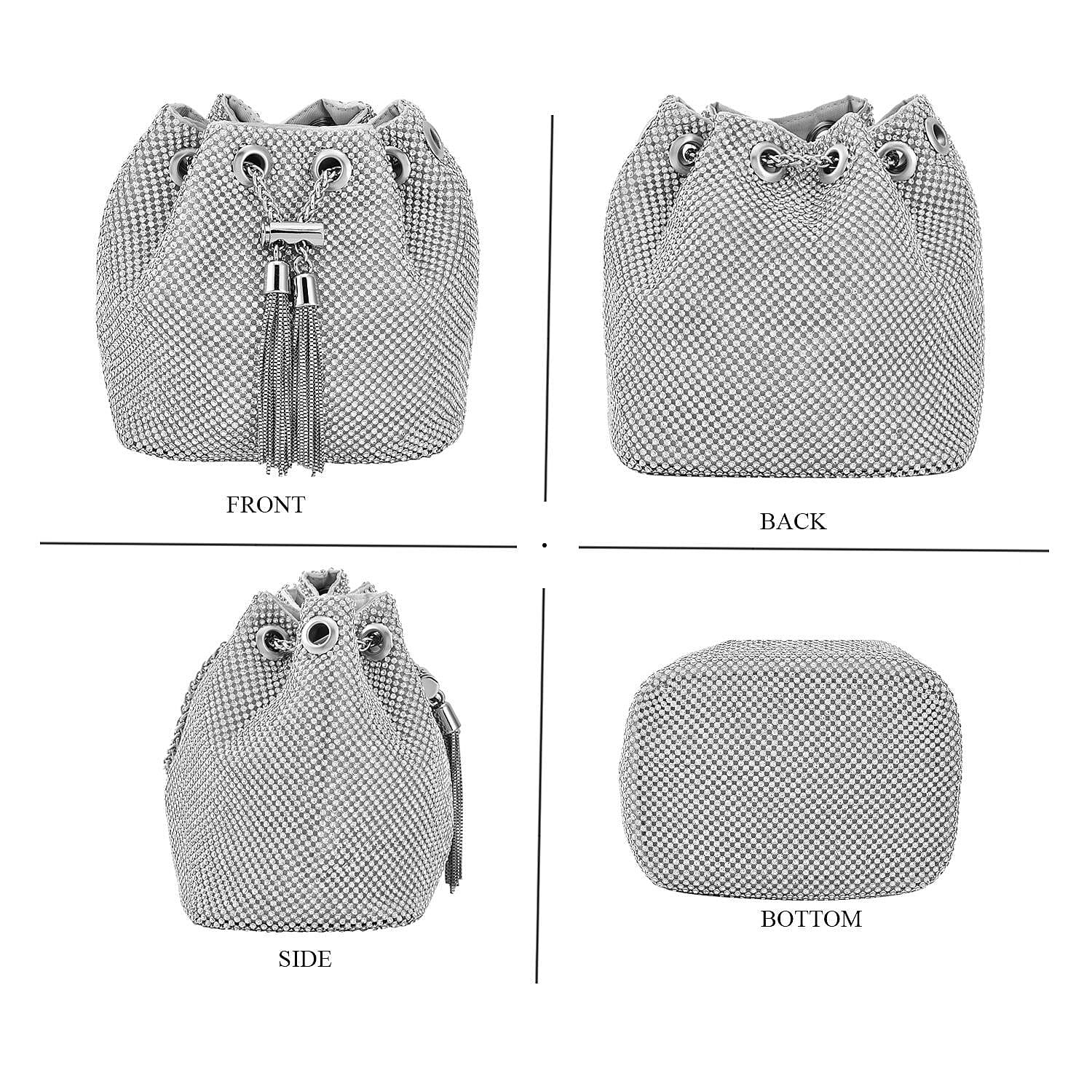 Closeout Buy - Designer Inspired Crystal Pattern Crystal Studded Drawstring Bucket Bag with Tassel Lock & Long Strap  - Silver