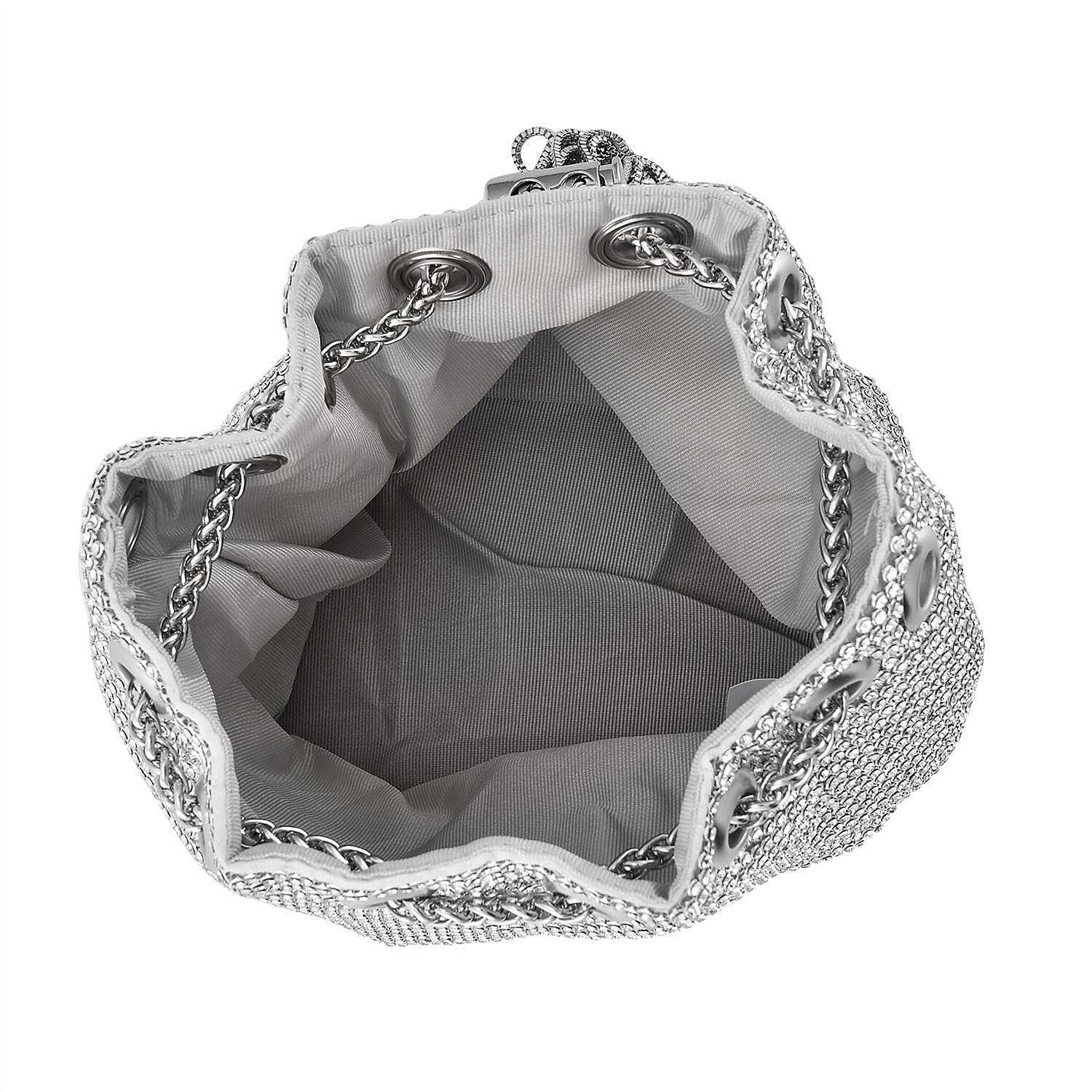 Closeout Buy - Designer Inspired Crystal Pattern Crystal Studded Drawstring Bucket Bag with Tassel Lock & Long Strap  - Silver
