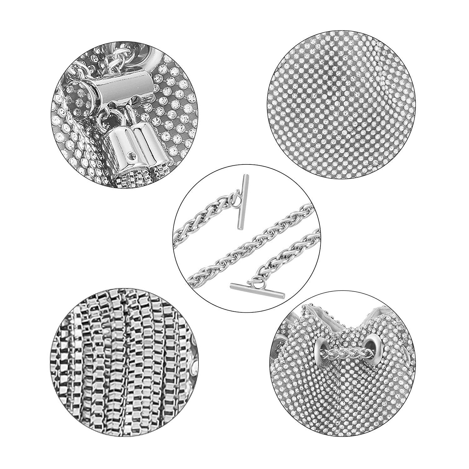 Closeout Buy - Designer Inspired Crystal Pattern Crystal Studded Drawstring Bucket Bag with Tassel Lock & Long Strap  - Silver