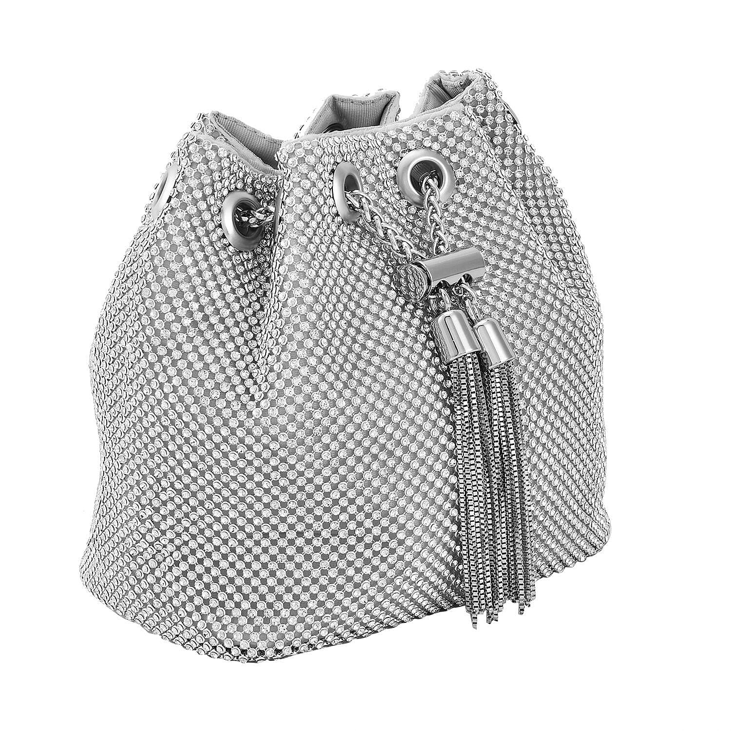 Closeout Buy - Designer Inspired Crystal Pattern Crystal Studded Drawstring Bucket Bag with Tassel Lock & Long Strap  - Silver