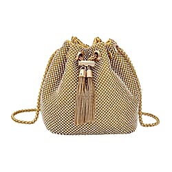 Closeout Buy - Designer Inspired Crystal Pattern Crystal Studded Drawstring Bucket Bag with Tassel Lock & Long Strap  - Black