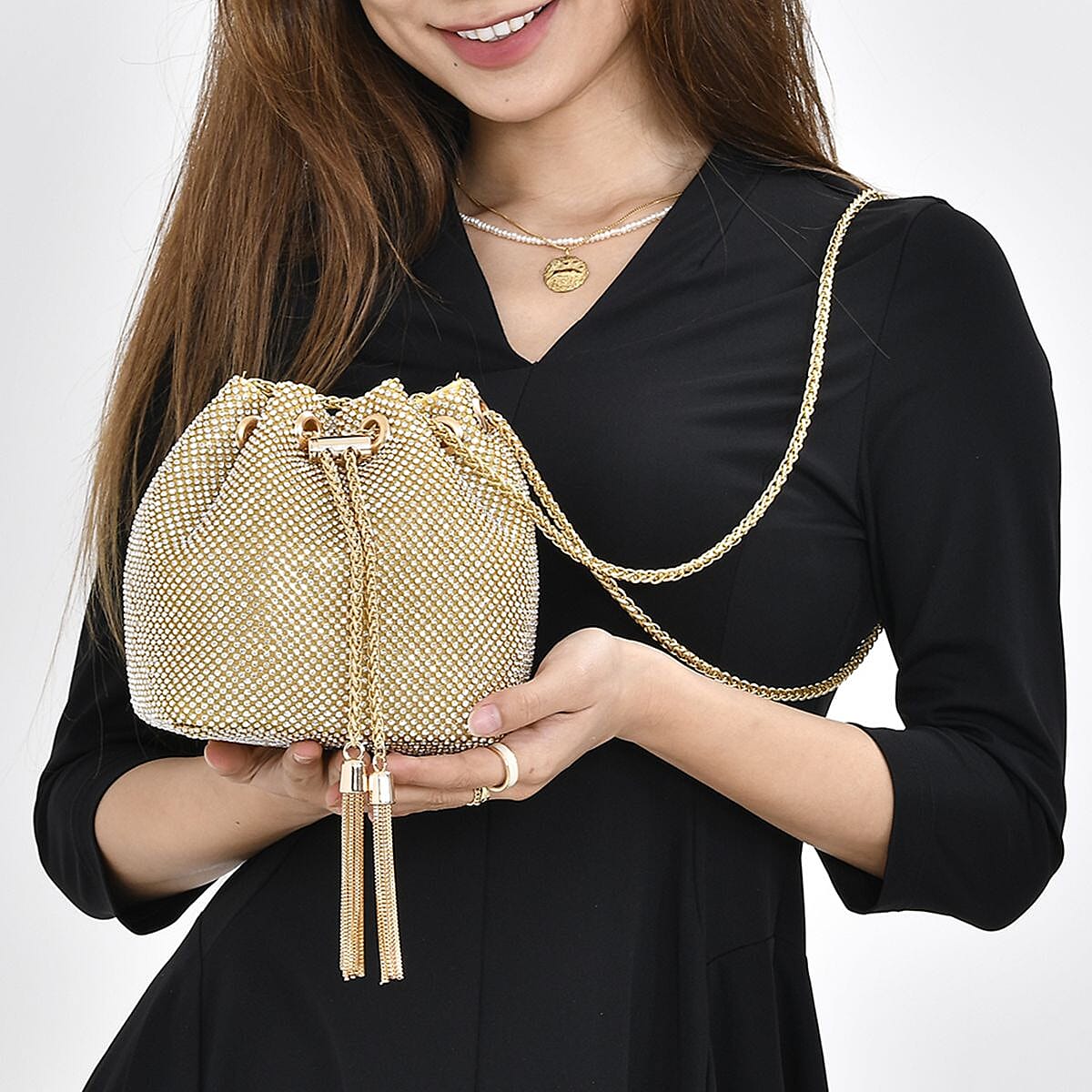 Closeout Buy - Designer Inspired Crystal Pattern Crystal Studded Drawstring Bucket Bag with Tassel Lock - Long Strap  - Gold