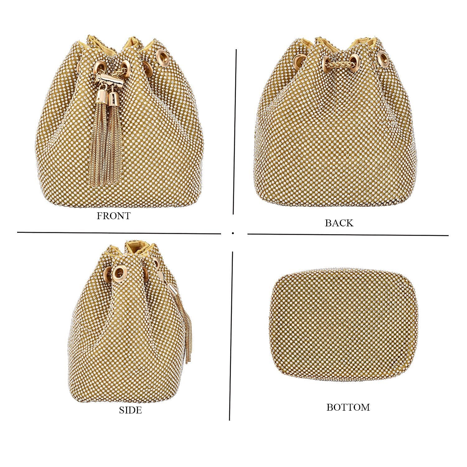 Closeout Buy - Designer Inspired Crystal Pattern Crystal Studded Drawstring Bucket Bag with Tassel Lock - Long Strap  - Gold
