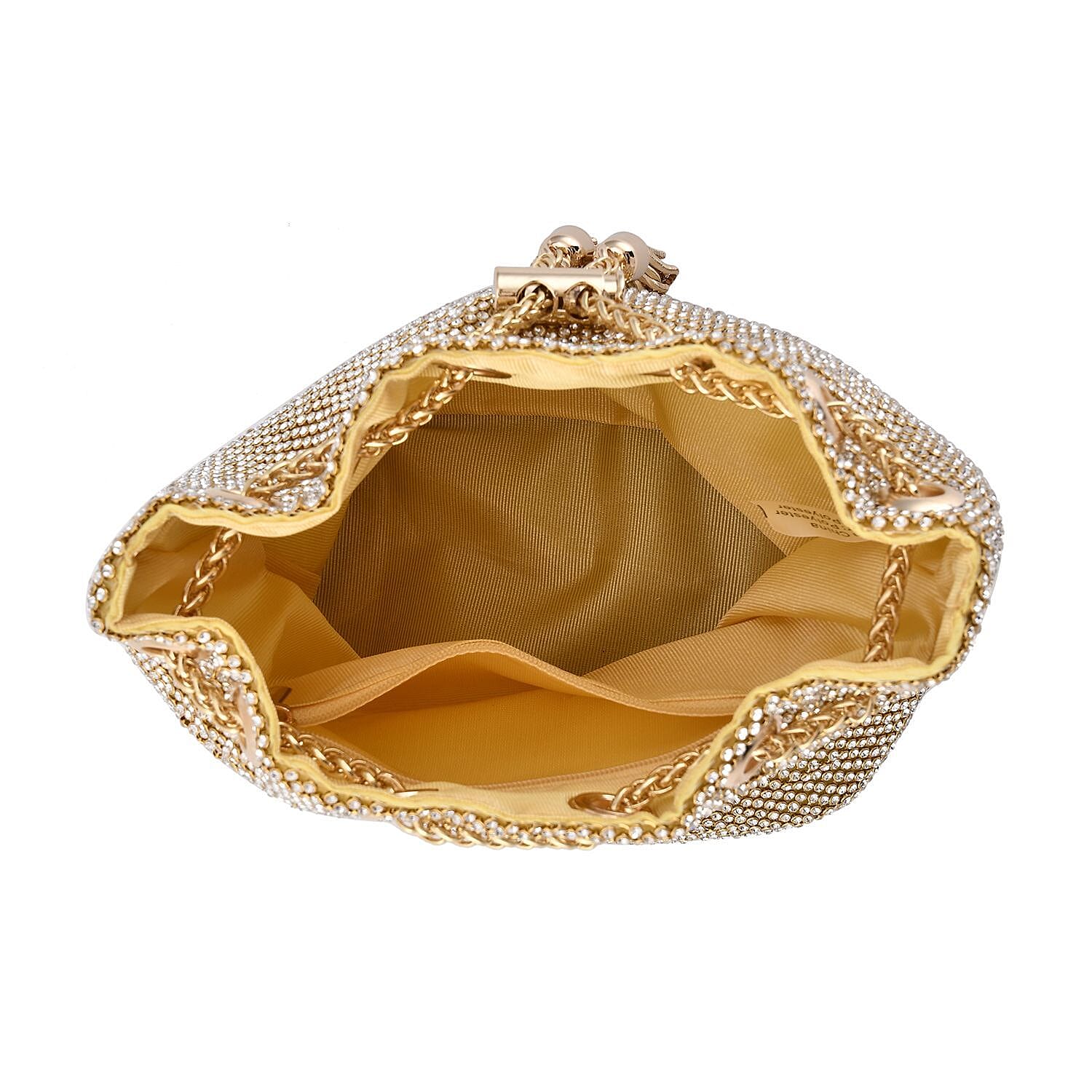 Closeout Buy - Designer Inspired Crystal Pattern Crystal Studded Drawstring Bucket Bag with Tassel Lock - Long Strap  - Gold