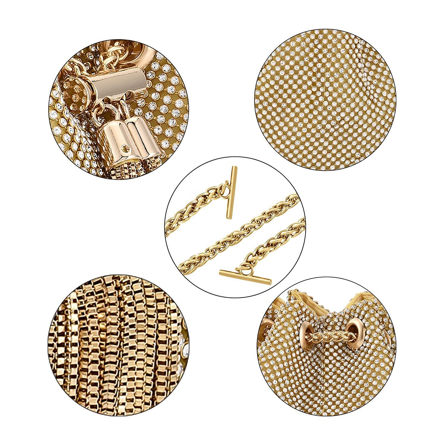 Closeout Buy - Designer Inspired Crystal Pattern Crystal Studded Drawstring Bucket Bag with Tassel Lock - Long Strap  - Gold