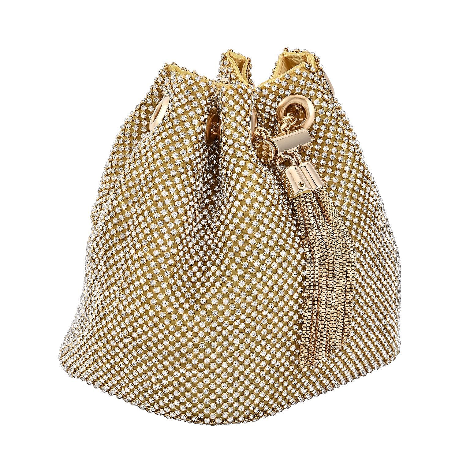 Closeout Buy - Designer Inspired Crystal Pattern Crystal Studded Drawstring Bucket Bag with Tassel Lock - Long Strap  - Gold