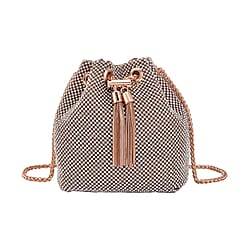 Closeout Buy - Designer Inspired Crystal Pattern Crystal Studded Drawstring Bucket Bag with Tassel Lock & Long Strap  - Black