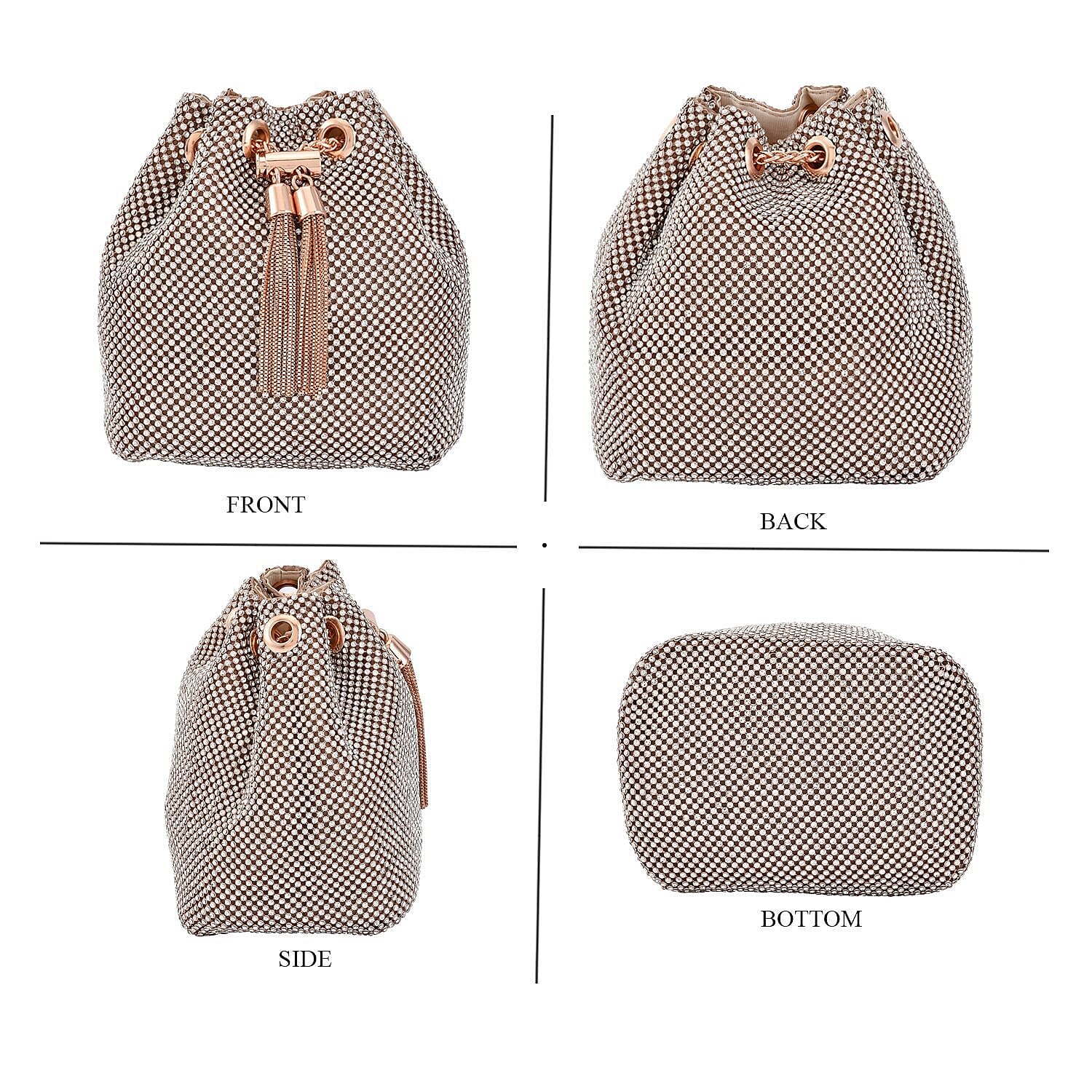 Closeout Buy - Designer Inspired Crystal Pattern Crystal Studded Drawstring Bucket Bag with Tassel Lock & Long Strap  - Pink