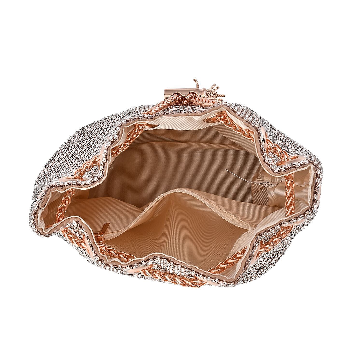 Closeout Buy - Designer Inspired Crystal Pattern Crystal Studded Drawstring Bucket Bag with Tassel Lock & Long Strap  - Pink