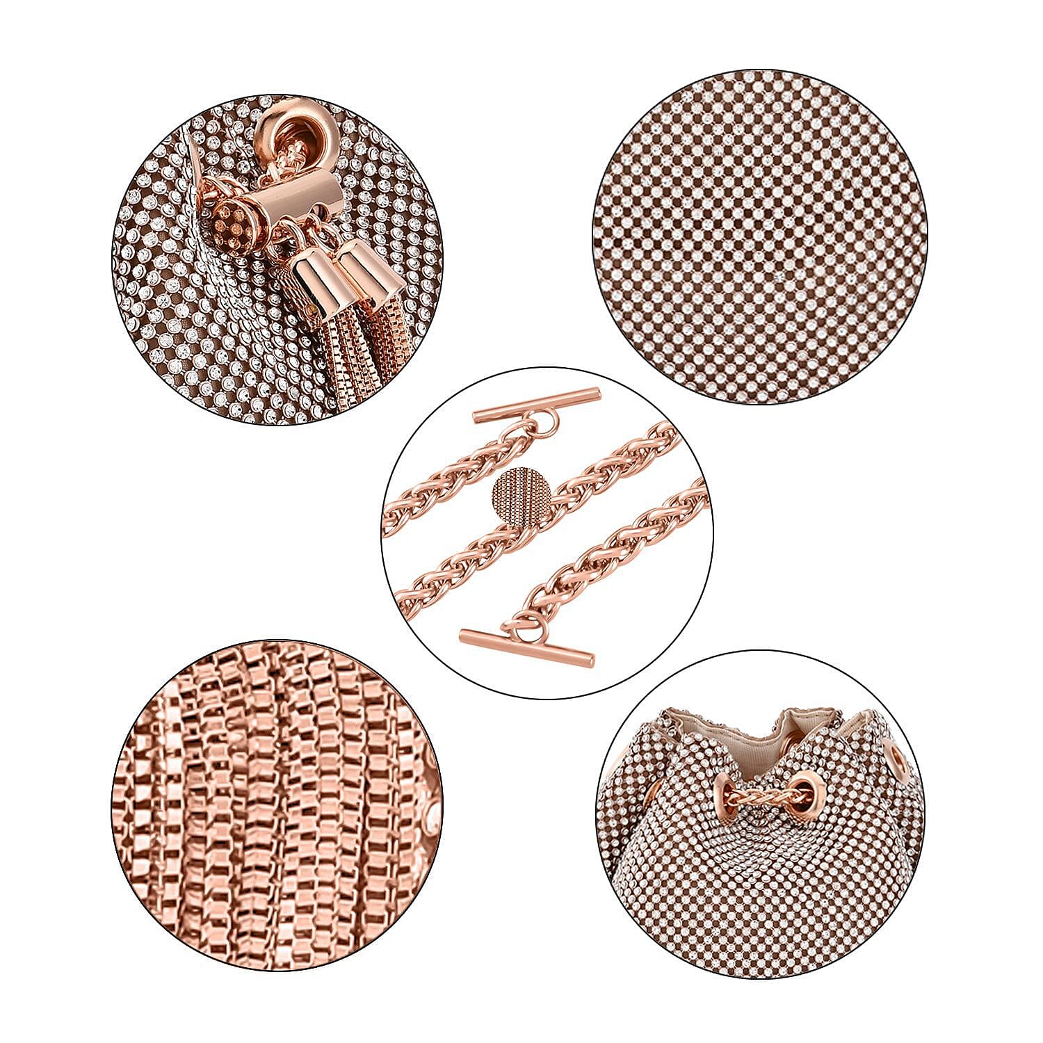 Closeout Buy - Designer Inspired Crystal Pattern Crystal Studded Drawstring Bucket Bag with Tassel Lock & Long Strap  - Pink