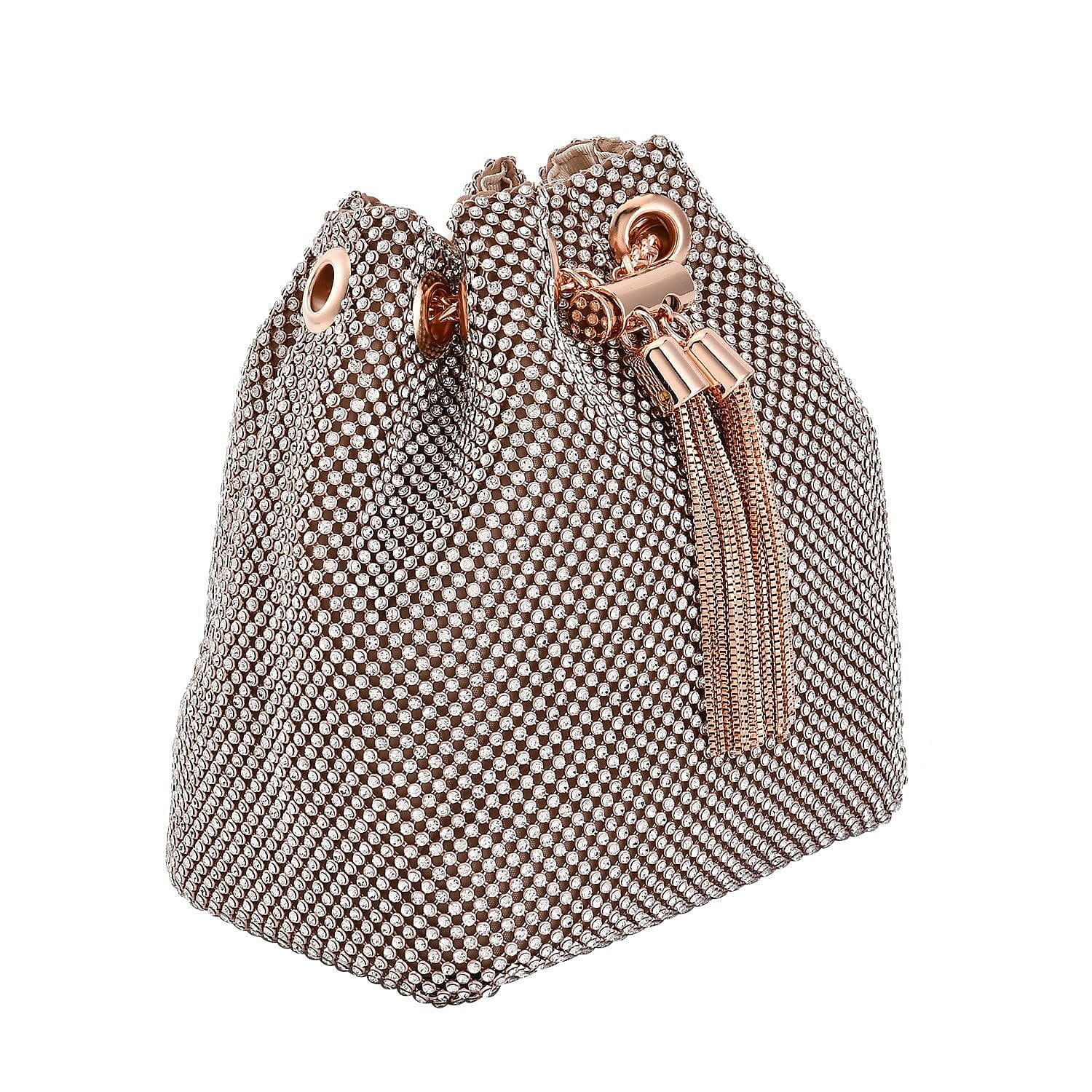 Closeout Buy - Designer Inspired Crystal Pattern Crystal Studded Drawstring Bucket Bag with Tassel Lock & Long Strap  - Pink