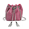 Closeout Buy - Designer Inspired Crystal Pattern Crystal Studded Drawstring Bucket Bag with Tassel Lock & Long Strap  - Pink