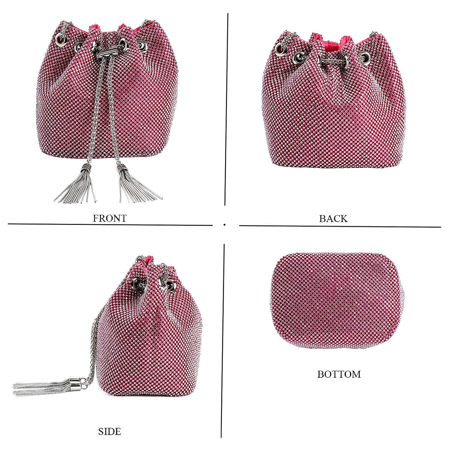 Closeout Buy - Designer Inspired Crystal Pattern Crystal Studded Drawstring Bucket Bag with Tassel Lock - Long Strap  - Rose