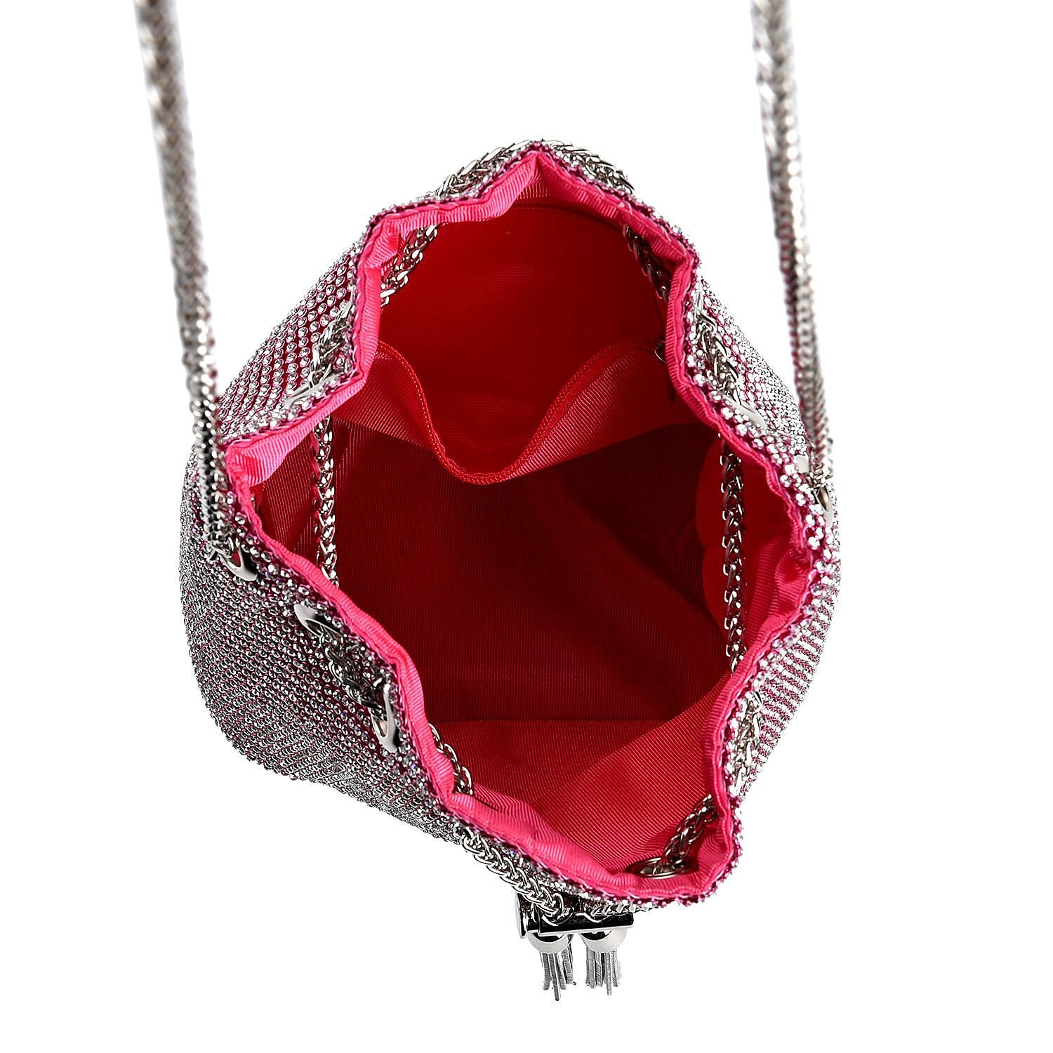 Closeout Buy - Designer Inspired Crystal Pattern Crystal Studded Drawstring Bucket Bag with Tassel Lock - Long Strap  - Rose