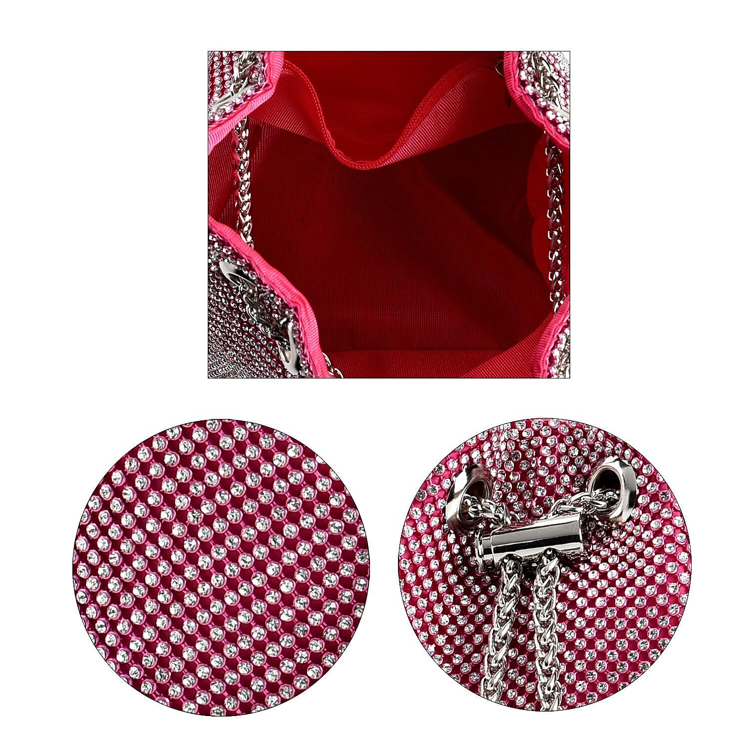 Closeout Buy - Designer Inspired Crystal Pattern Crystal Studded Drawstring Bucket Bag with Tassel Lock - Long Strap  - Rose