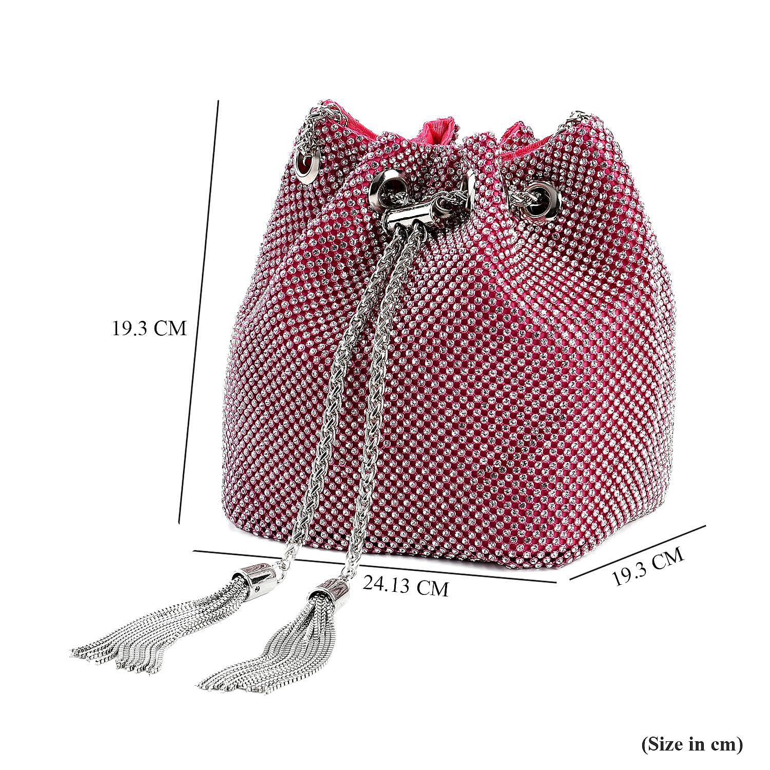 Closeout Buy - Designer Inspired Crystal Pattern Crystal Studded Drawstring Bucket Bag with Tassel Lock - Long Strap  - Rose