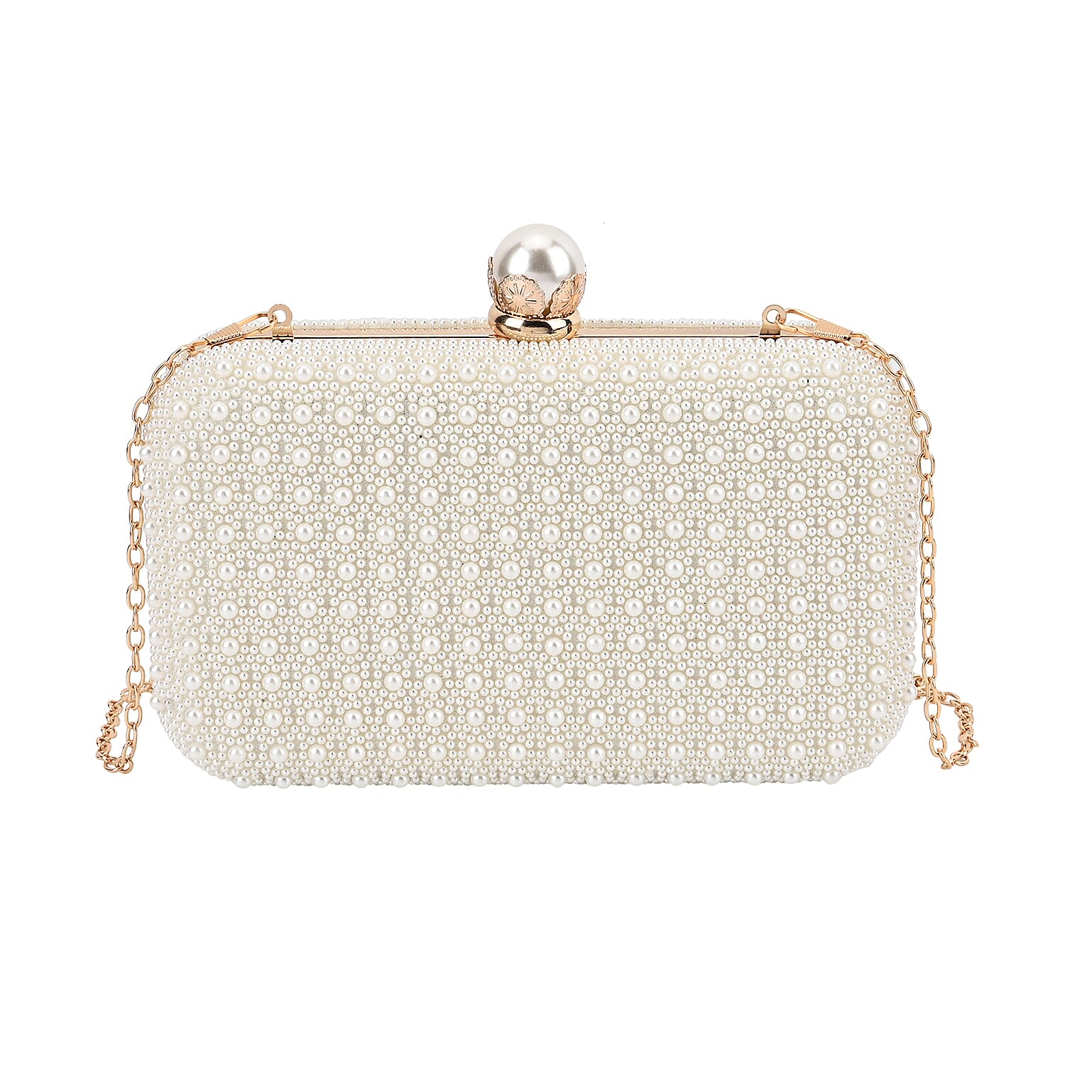 Closeout Deal Imitation Pearl Embellished Evening Clutch with Chain Strap White 1691495702 TJC